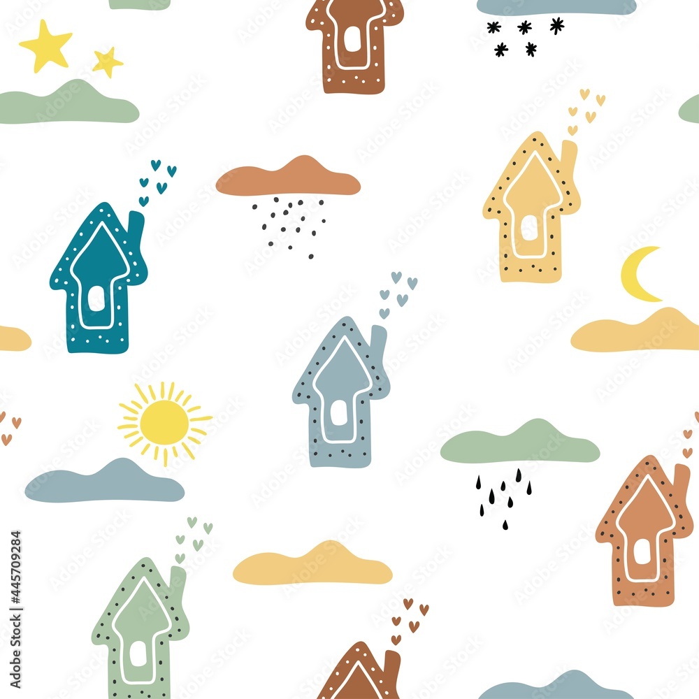 Fototapeta premium Cute houses and clouds in the boho style. Vector hand drawn baby collection for nursery decoration Cute seamless pattern for children's goods, fabrics, backgrounds, packaging, covers.