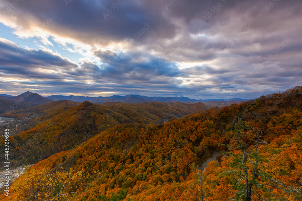 Height 611 in Dalnegorsk, where a UFO fell on January 29, 1986. View from the top of the mountain to the autumn multi-colored hills. Autumn forest.