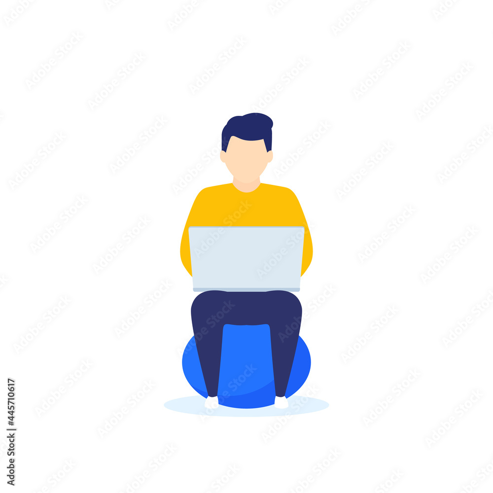 man with laptop sitting on fitball, young freelancer working, vector