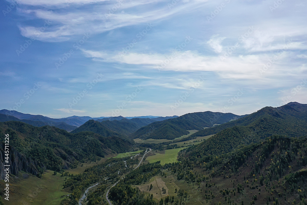 Altai mountains panorama view from drone, hill nature view of russia landscape Altai mountains panorama view from drone, hill nature view of russia landscape