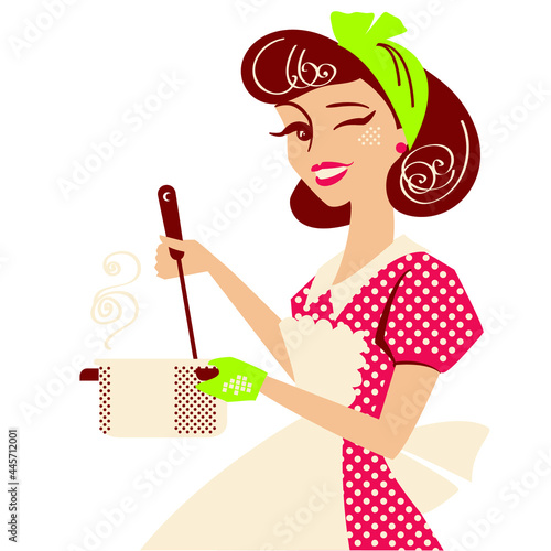 Housewife pin up in red retro dress cooking soup in her kitchen room. Vintage style vector illustration isolated on white for design