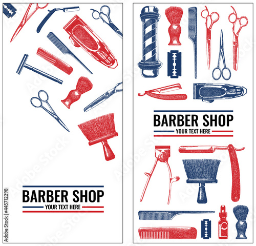 Templates vector barber shop banners vertical, Hand drawn engraving illustration for hair salon, barbershop