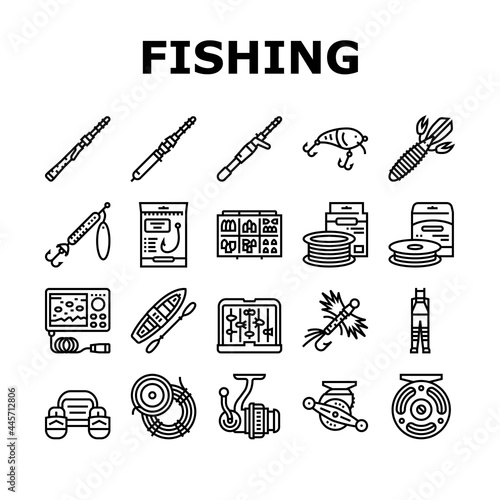 Fishing Shop Products Collection Icons Set Vector. Bait Cast Reel With Monofilament Line And Spinning, Kayak Boat And Weights Fishing Accessories Black Contour Illustrations