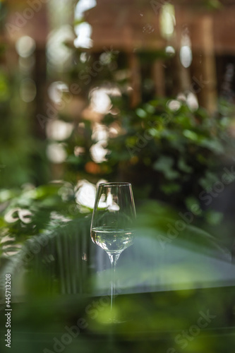 Glass of refreshing cold white wine on a table in summer grade terrace. Selective focus