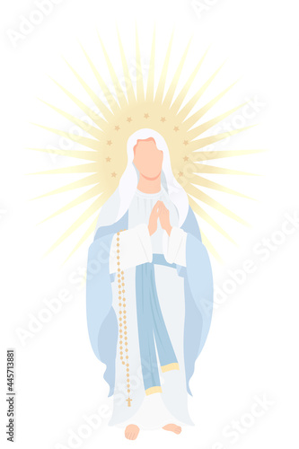 Most Holy Theotokos the Queen of Heaven. Virgin Mary in blue maforia prays meekly with rosary. Vector illustration for Christian and Catholic communities, design, decor of religious holidays