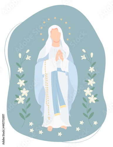 Most Holy Theotokos, Queen of Heaven. Virgin Mary in a blue maforia prays with a rosary on background with white lilies. Vector illustration for Christian and Catholic communities, religious holidays photo