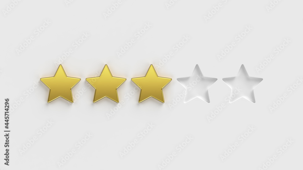 Five star rating. Three of the five gold rating stars on a white background. Rate a company or app online. 5 gold stars for customer quality review illustration. Five star rating. Three of the five gold rating stars on a white background. Rate a company or app online. 5 gold stars for customer quality review illustration.