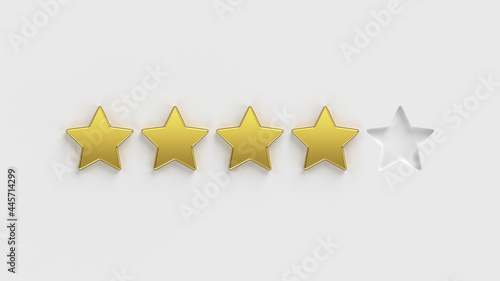 Fototapeta Naklejka Na Ścianę i Meble -  Five star rating. Four of the five gold rating stars on a white background. Rate a company or app online. 5 gold stars for customer quality review illustration.