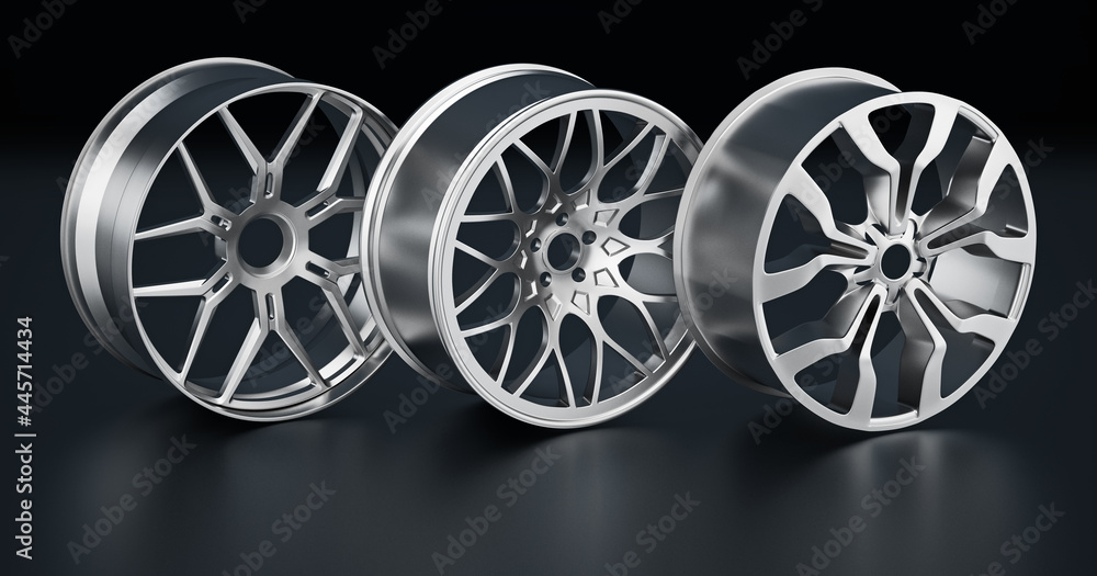 Steel rims on black background. 3D illustration