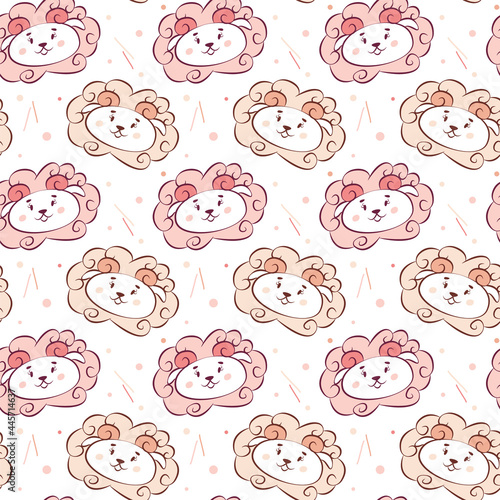 Cute animalistic seamless pattern for nursery design. Funny muzzles of sheep in baby doodle style. Cool pastel pink print for wallpaper in the girl's room, bedding, clothes. Domestic farm animals