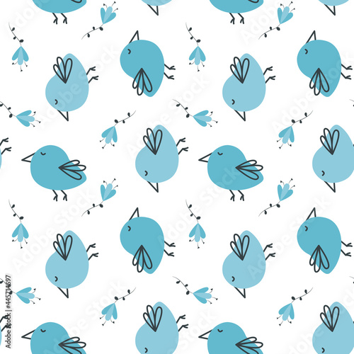Spring seamless pattern with cute doodle birds and blue flowers. Beautiful print for a girl's room, nursery design. Ornament for wall-paper, bed linen, textiles, clothes, curtains. Pastel background