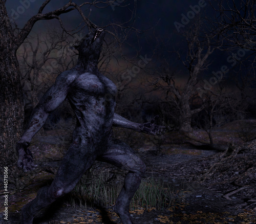 Illustration of a werewolf during the night in the creepy forest