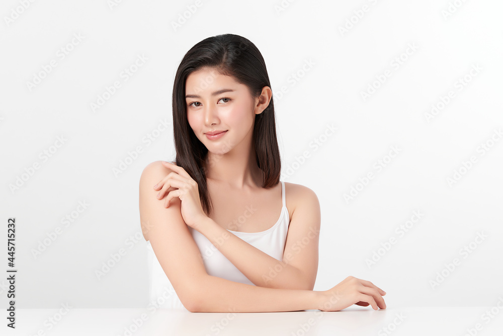 Beautiful young asian woman with clean fresh skin on white background, Face care, Facial treatment, Cosmetology, beauty and spa, Asian women portrait.