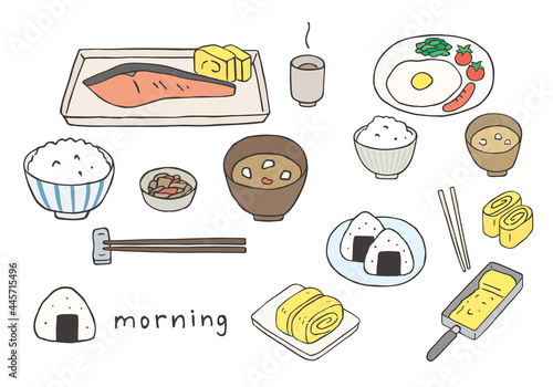 和食朝ごはんの手描きイラストセット（カラー）