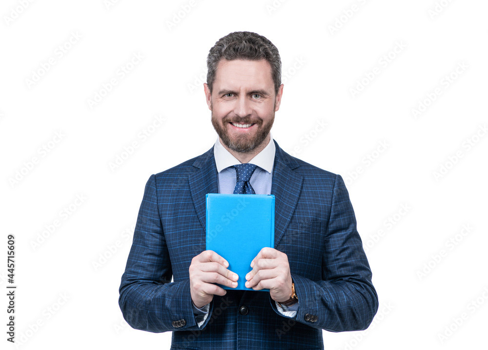 happy businessman man in businesslike suit holding planner isolated on white, planning happy businessman man in businesslike suit holding planner isolated on white, planning