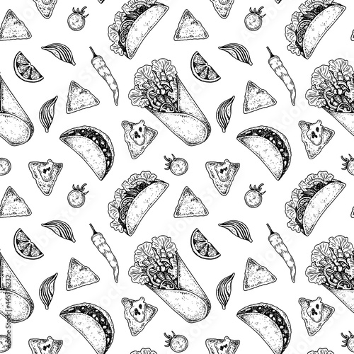 Mexican food seamless pattern with taco, nacho chips and burrito. Vector illustration in sketch style