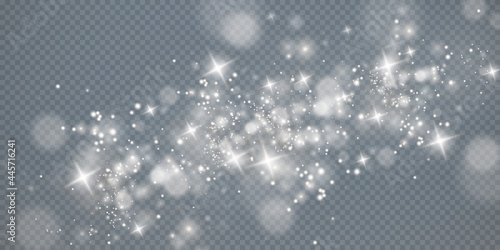White png dust light. Christmas background of shining dust Christmas glowing bokeh confetti and spark overlay texture for your design. Christmas effect for luxury greeting rich card. 