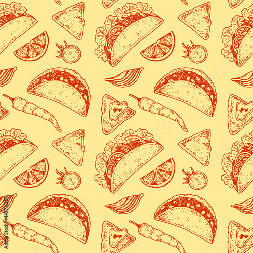 Mexican food seamless pattern with taco. Vector illustration in sketch style