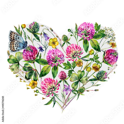 Watercolor Heart-Shaped Clover Bouquet Isolated on White.
