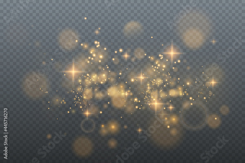 Christmas background of shining gold dust Christmas glowing bokeh confetti and spark overlay texture for your design. Glittering gold texture. Christmas effect for luxury greeting rich card. 