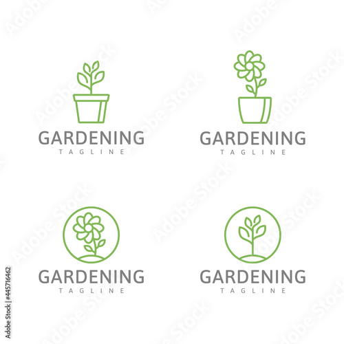 Set of gardening green logo, green plant and flower vector illustration
