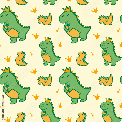 Seamless pattern with green and orange dinosaurs and crowns for decorating accessories or room for children  cute cartoon flat style