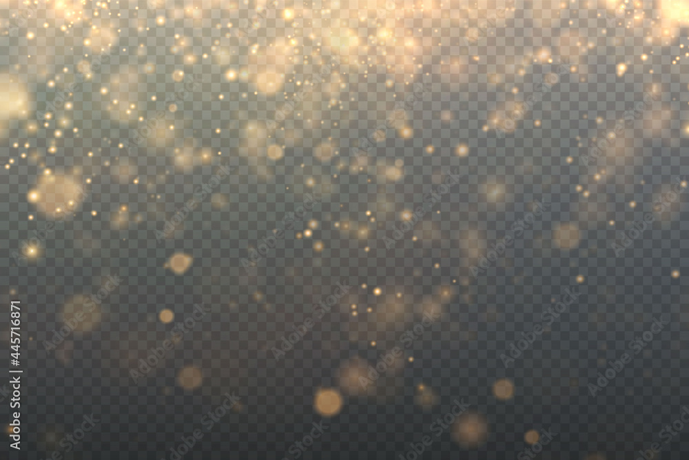 Gold dust PNG.Christmas background of shining gold dust Christmas glowing bokeh confetti and spark overlay texture for your design. Christmas effect for luxury greeting rich card. 