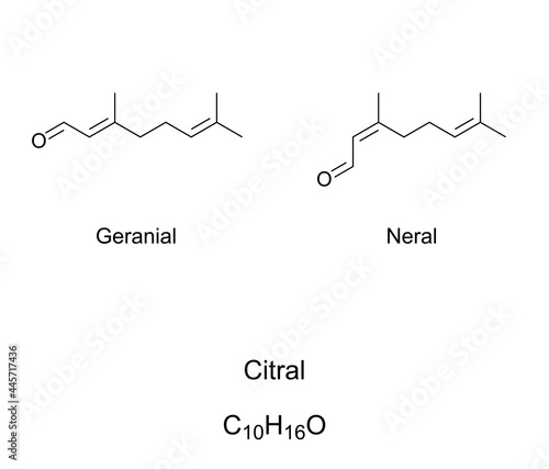 Citral or lemonal, chemical formulas. Mixture of organic compounds geranial and neral. Terpenoids and isomers with same molecular formula C10H16O. Found in essential oils. Aroma compounds in perfumes.
