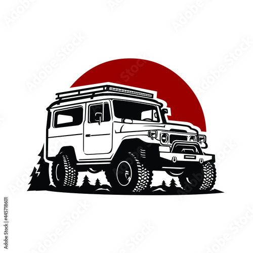 Overland truck doing adventure in forest with red moon background vector illustration