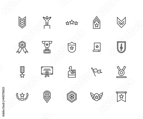 Simple Set of Ranking Related Vector Line Icons. Contains such Icons as Star Rating, First Place, Shoulder Strap and more.