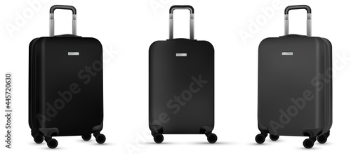 Baggage isolated. Set of silver travel plastic suitcase or vacation bag on white background. Summer vacation and product advertisement concept.