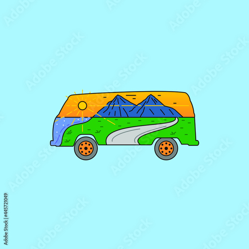 mountains landscape with vintage camping car logo design vector illustration