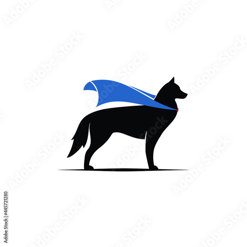 superhero husky dog silhouette  wearing blue wing logo design vector illustration