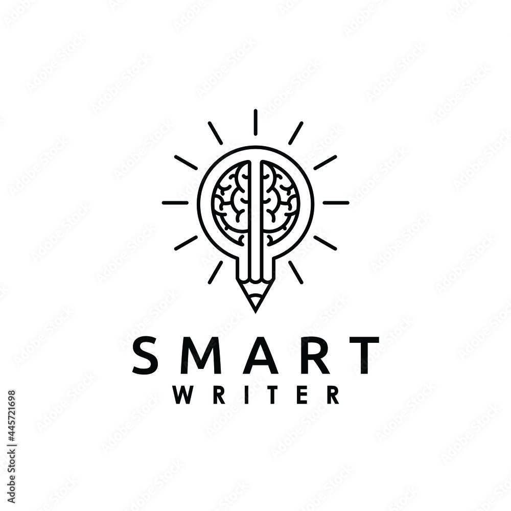 Human brain light bulb or sun with pencil smart writer editor logo design vector illustration Human brain light bulb or sun with pencil smart writer editor logo design vector illustration