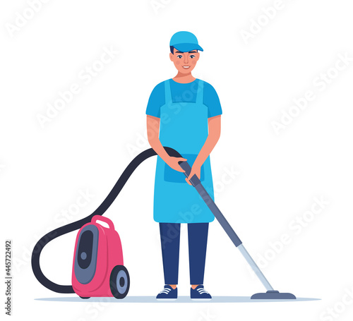 Man dressed in a uniform with a vacuum cleaner. Worker of cleaning service. Vector illustration in a flat style.