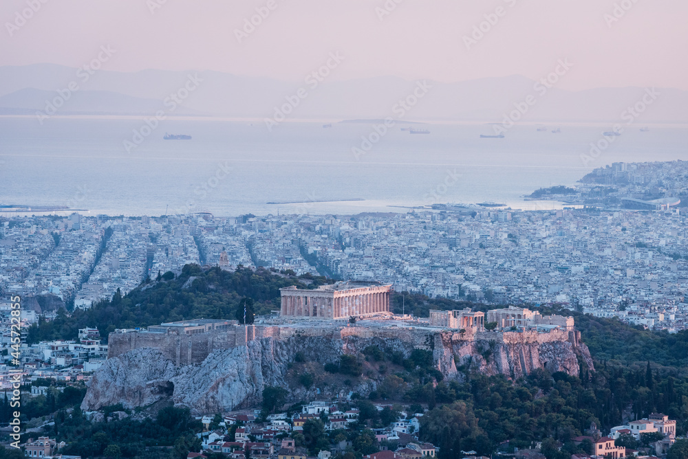 Aerial view of Athens Acropolis and Parthenon at sunset, Greece