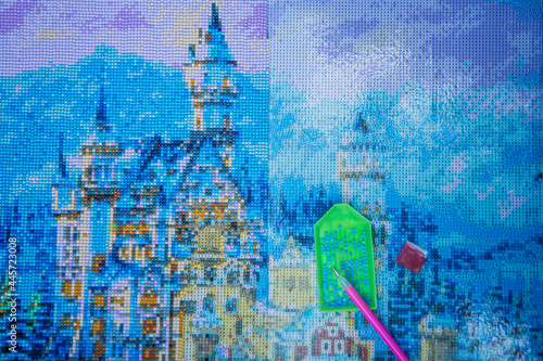Diamond mosaic painting, Diamond mosaic, fragment of painting close-up, handmade hobby.