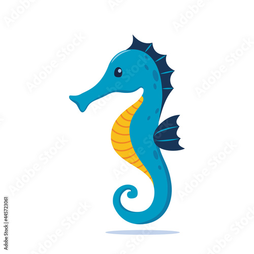 Cute cartoon blue seahorse, Isolated flat style vector illustration.