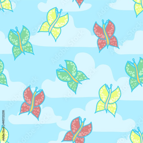 Seamless Multicolor Butterfly Repeat Pattern On A Sky Background