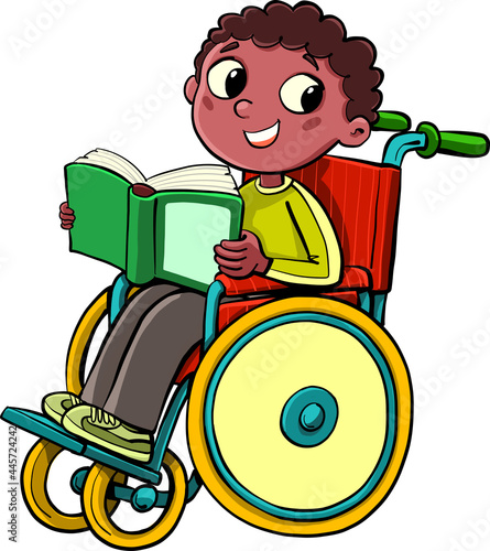 little african boy in a wheelchair with an open book in his hands