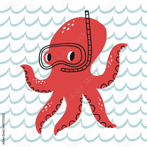 Cute cartoon octopus fish, bathyscaphe, crab, ship, star, hammerhead shark, sea horse,   sea life - vector illustration for kids. 