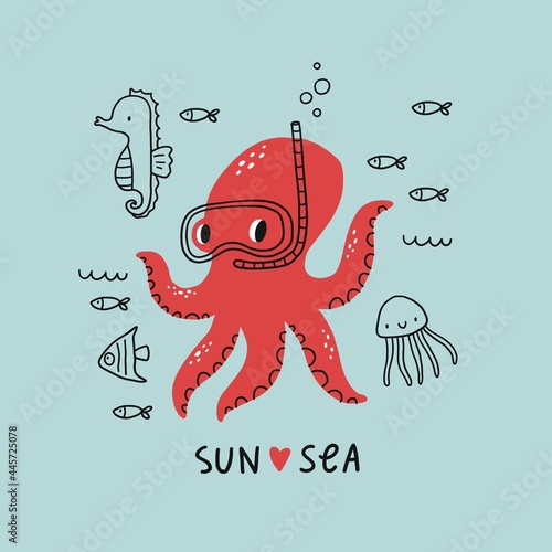 Cute cartoon octopus fish, bathyscaphe, crab, ship, star, hammerhead shark, sea horse,   sea life - vector illustration for kids. 