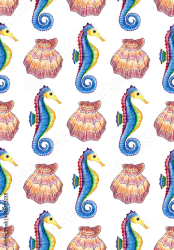 Pattern of watercolor illustration of scallop shell and seahorse. Seamless repeating print of marine life. Ocean dwellers. Sea bottom. Isolated over white background. Drawn by hand.