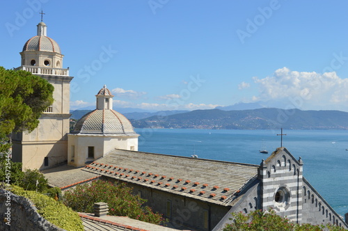 Portovenera, Italy. Mediterranean.View of chiesa di San Lorenzo on the background of bay of Poets.