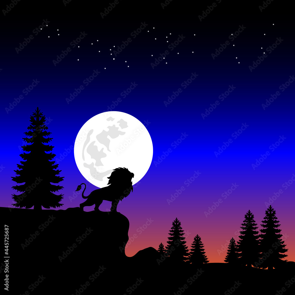 Naklejka premium The lion roars at night during the full moon