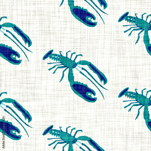 Aegean teal lobster linen nautical texture background. Summer coastal living style home decor. Under the sea life cmaterial. Whimsical turquoise blue dyed textile seamless pattern. photo