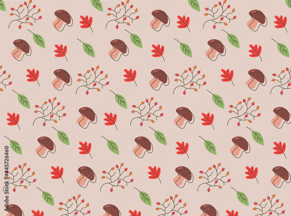 Autumn pattern, leaves, mushrooms, rowan, on a beige background, autumn mood, packing, background, print. Autumn pattern, leaves, mushrooms, rowan, on a beige background, autumn mood, packing, background, print.