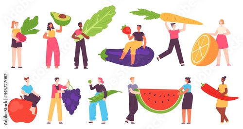 Tiny people with healthy food. Man and woman carry vegetable and fruit. Organic fresh farm vegan product. Cartoon vegetarian diet vector set