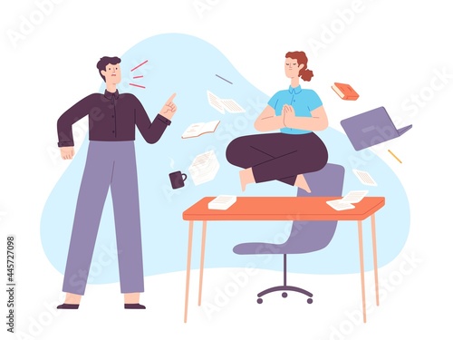 Yoga in office stress. Calm woman meditate in lotus on work desk with angry yelling boss. Employee in zen at workplace chaos vector concept
