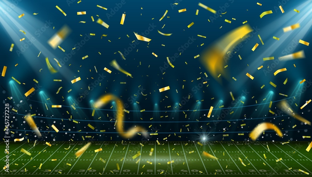 Football stadium with golden confetti. Landscape with american football  field and arena lights. Sport game winner celebration vector concept Stock  Vector | Adobe Stock